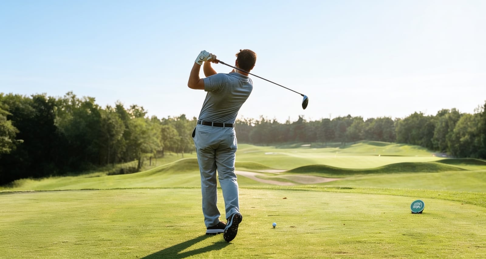 A golfer mid-swing on a sunlit green course under a clear blue sky