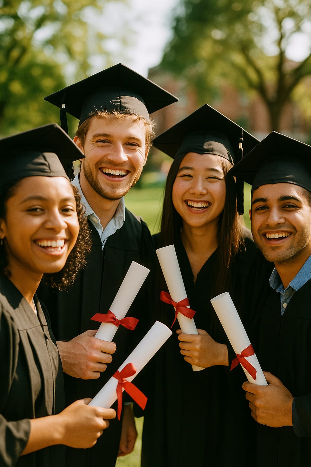 Local college graduates in caps and gowns celebrating with their diplomas